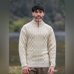 INIS CRAFTS Men's Beige Cable Knit Zip-Up Sweater 100% Merino Wool.